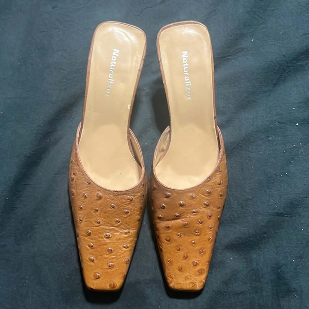 Ostrich embossed leather kitten heel mules